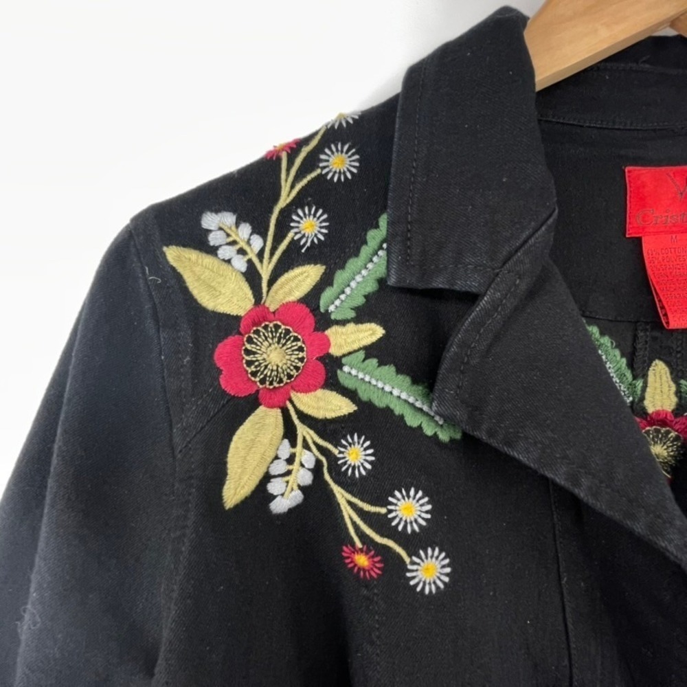 V Cristina Women's M Black Floral Embroidered Denim Jacket Whimsigoth Boho Chic - Picture 4 of 16